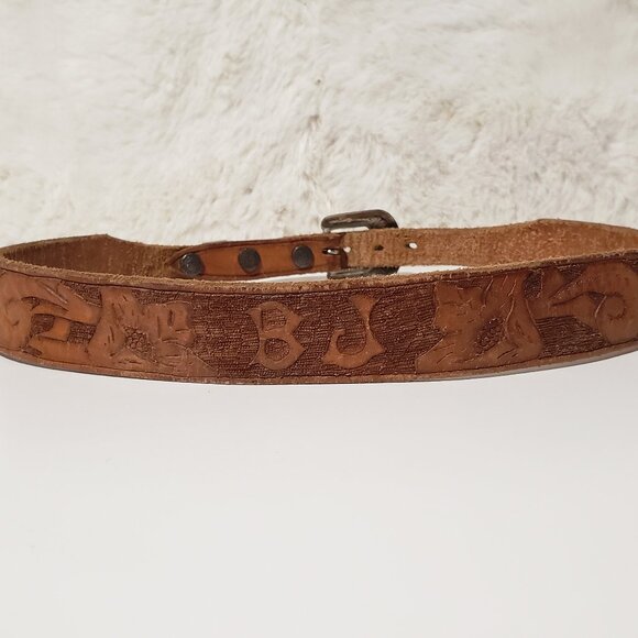 Vintage 1950s Leather Tooled Western Belt BJ Floral 1.25\